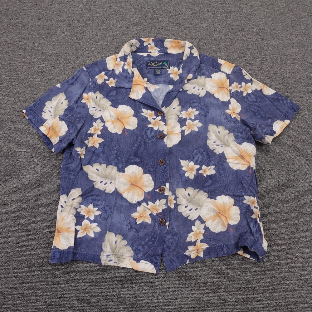 Island Traders Shirt Womens XL Blue Hawaiian Floral Rayon Button Up Short Sleeve